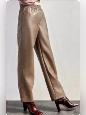 Aritzia Wilfred Desiree Faux Leather Pull On Relaxed Straight Leg Pant Taupe
